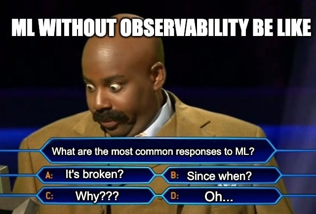 Meme showing common ML failure reactions without observability